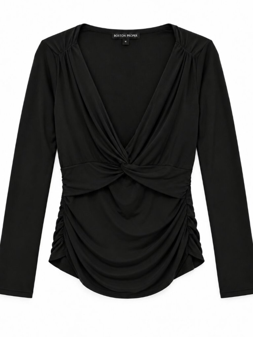 Boston Proper Black Twist Front Top | Size L | Ruched Draped Stretch Blouse